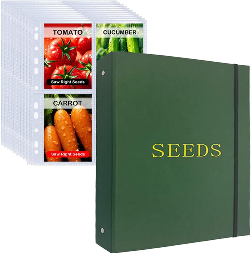 Seed Storage Organizer Binder,4 Ring Seed Packet Organizer with 100 Pockets(25 Pack Clear Sheet Protectors), Garden Seed Holder Book for Envelopes, Seed Saving Keeper, Green