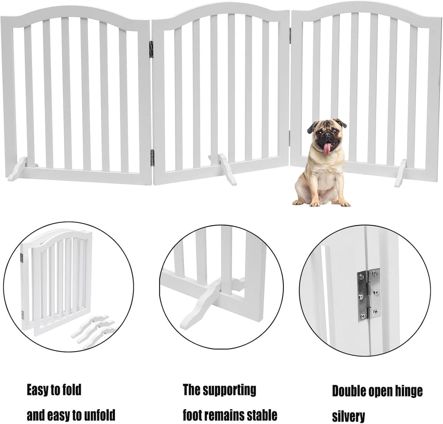 Foldable Wooden Dog Gate - 3-Panel Freestanding Pet Fence, 23.6 Inches, White - Suitable for Doorways & Stairs, Also Works as Baby Gate.