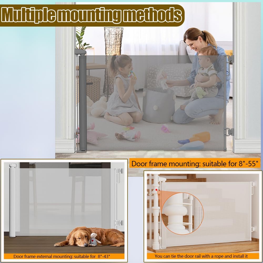 Retractable Baby Gates for Stairs Doorways Hallways, Soft Mesh Safety Retractable Dog Gate for Pet, Indoor Or Outdoor Use, Easy Installation,33.6" Tall,Expands to 55" Wide,Grey