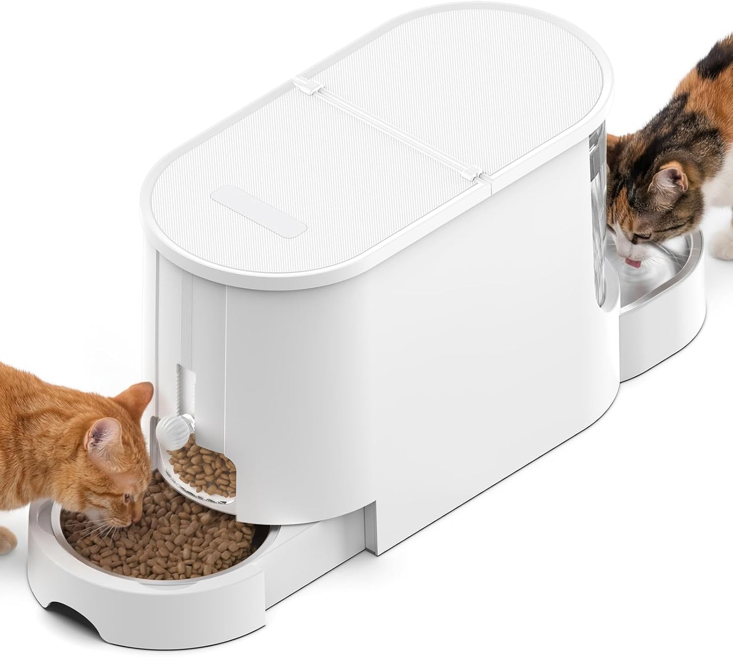 Automatic Cat Feeder 2-in-1 Set, Gravity Cat Food Feeder and Water Dispenser, Dog Feeding & Watering Supply with Stailess Steel Bowls, Large Capacity Low Noise, White