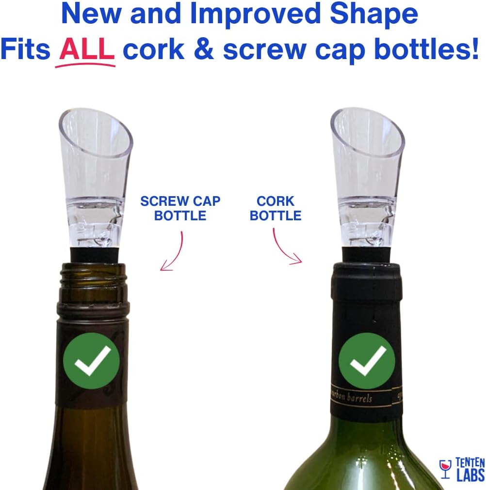 TenTen Labs Premium Wine Aerator Pourer Spout (2-Pack) – Rich Bubbles for Improved Flavor & Aroma – Wine Accessories for Wine Lovers with No-Drip Design – Perfect Gifts for Women and Men – Black