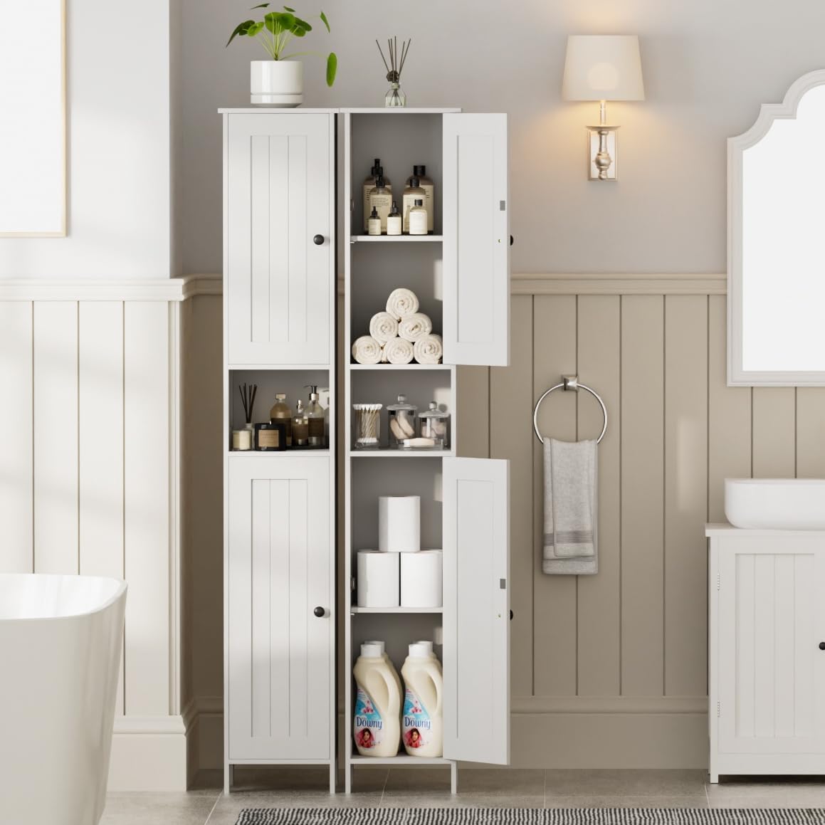 Tall Bathroom Storage Cabinet with 2 Doors, 67"H Narrow Storage Cabinet with Adjustable Shelves& Anti-Tip Design, Reversible Door Installation, Easy Assembly, 11.8 x 11.8 x 66.9 Inches, White