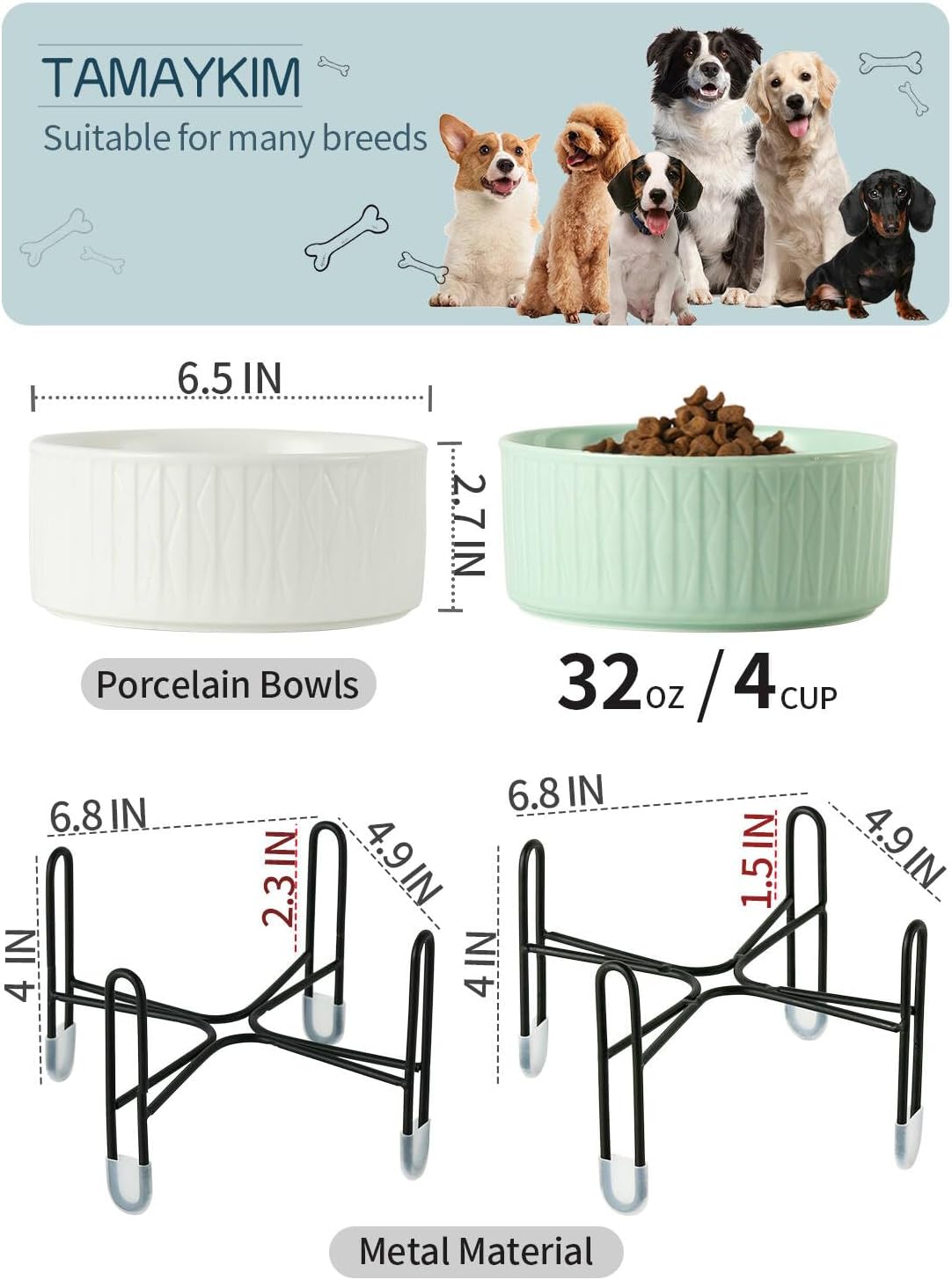 TAMAYKIM 32 oz Ceramic Dog Cat Bowl with Separate Elevated Metal Stand, 3 Adjustable Height 4 Cups Porcelain Pet Feeder Food & Water Bowls Set Non-Slip for Big Cats, Small Medium Dogs, White & Green