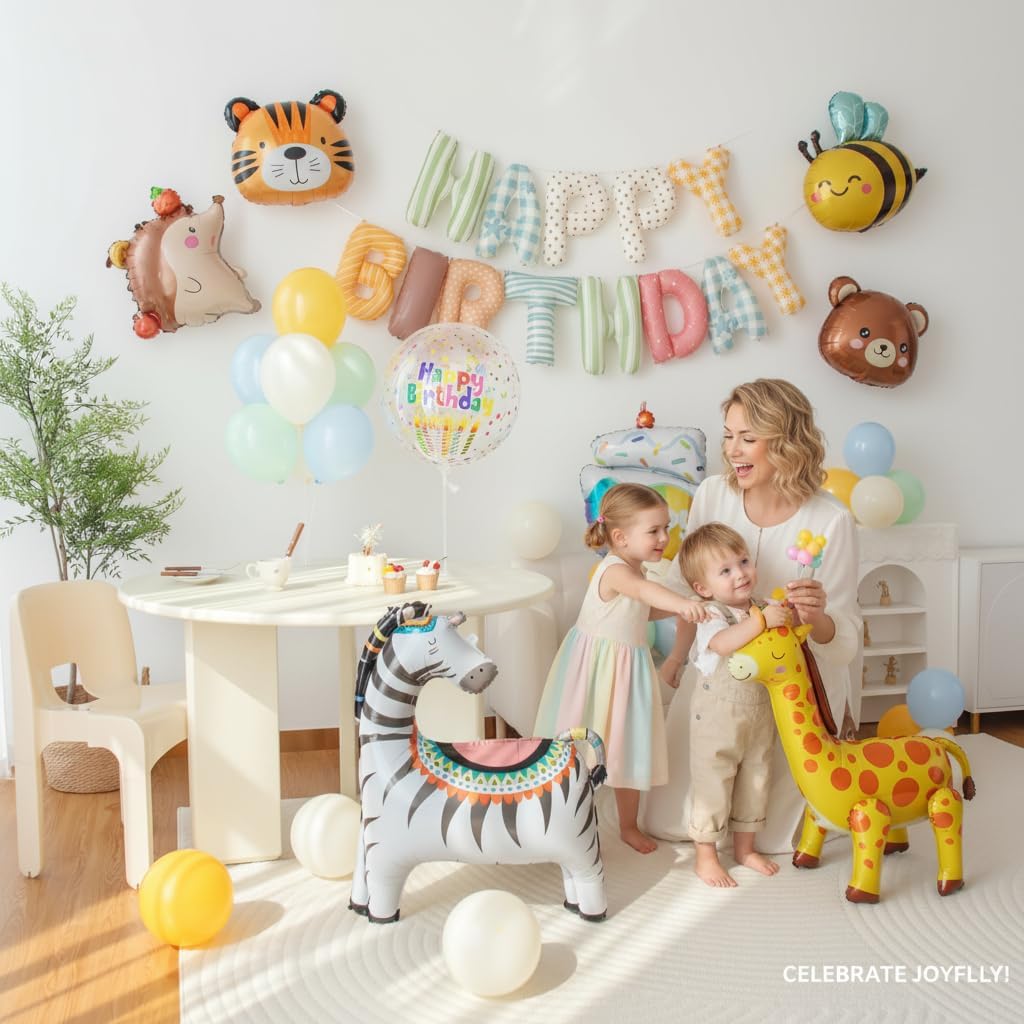 Animals Happy Birthday Foil Balloon Decorations Kit for Kids Birthday, Jungle Zoo Theme Zebra Giraffe Tiger All-In-One Party Supplies with Birthday Banner (Animal Birthday Set)