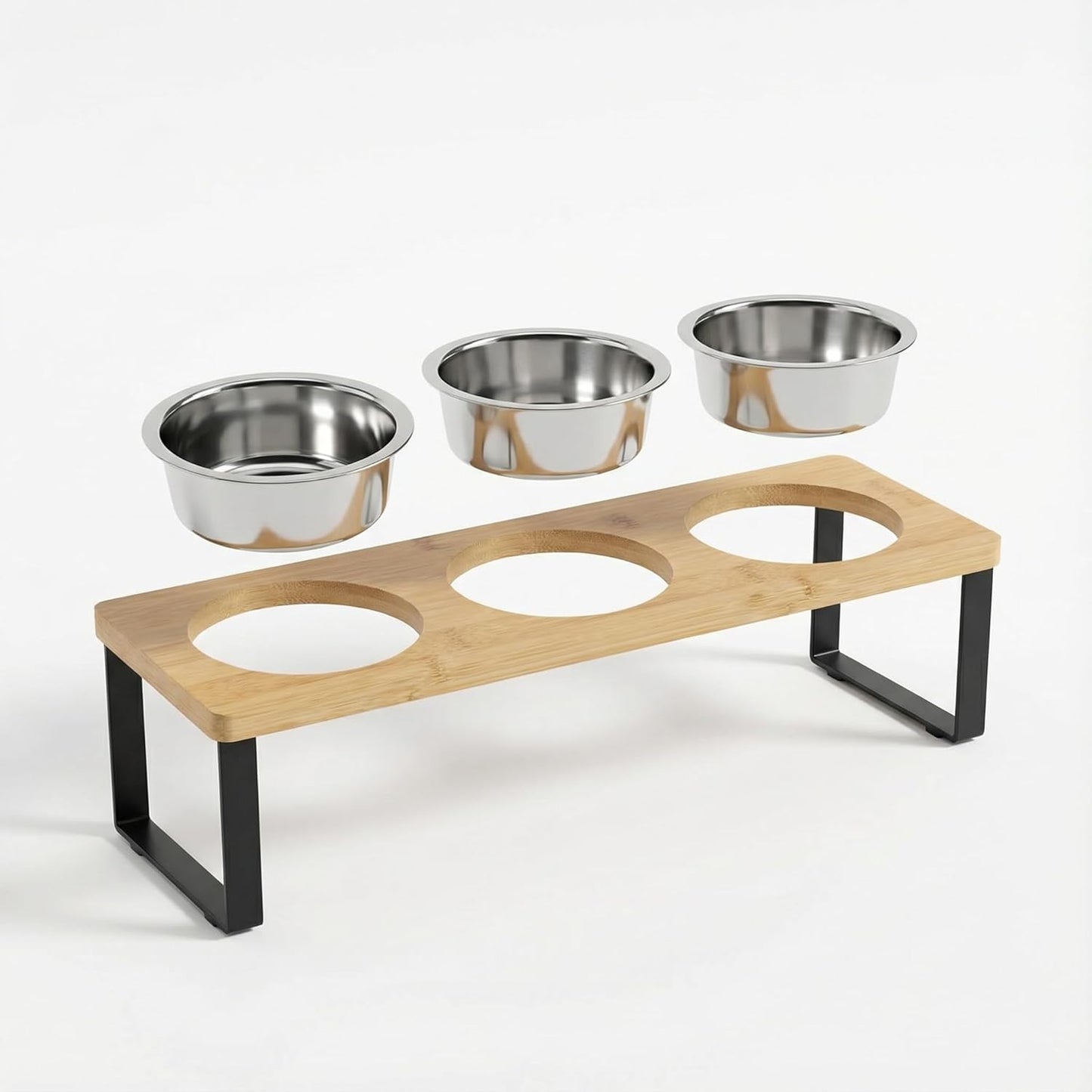 Tilted Raised Cat Bowls with Wooden Stand, Stainless Steel Food & Water Bowl Set for Cats and Kittens, Whisker Friendly, Anti-Spill, Dishwasher Safe, Double & Triple Bowl Options (Triple Bowl)