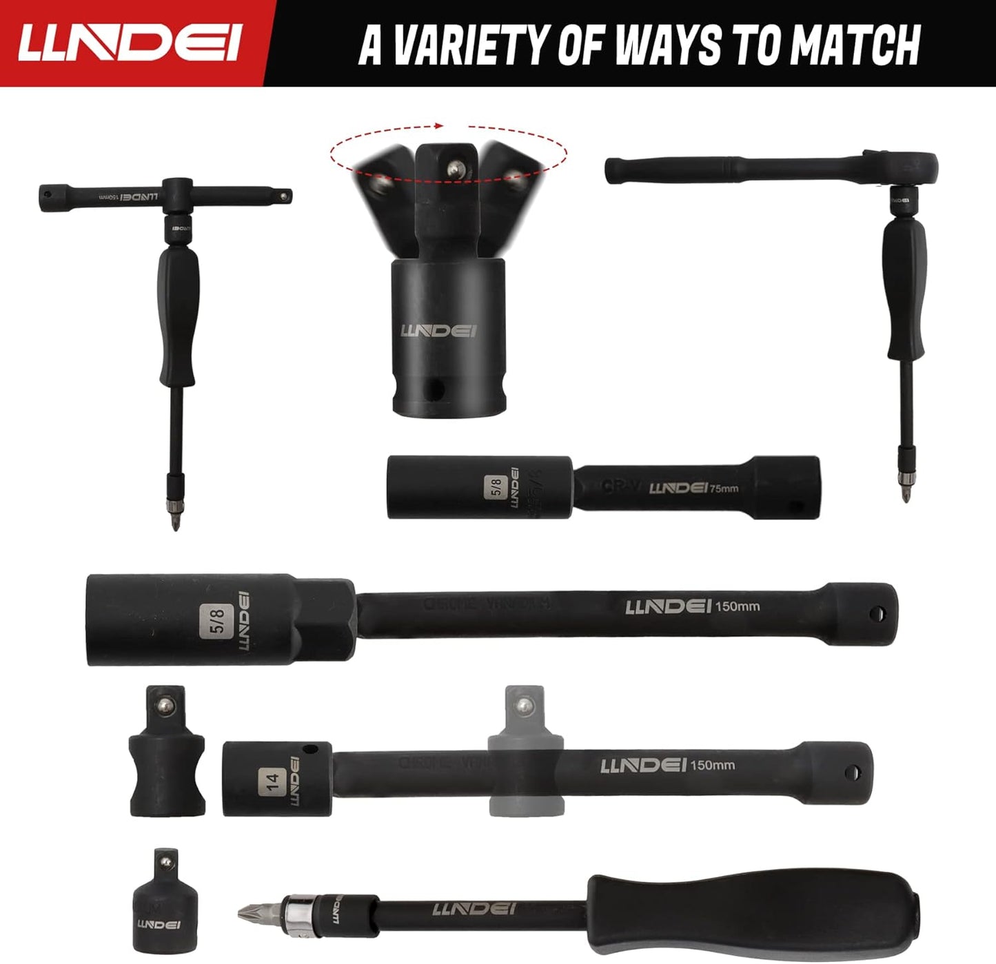 LLNDEI 3/8”Drive Impact Socket Set,Standard SAE(5/16 to 3/4-Inch) Metric Size(8-22mm), 95 Piece, CR-V Steel Deep&Shallow Kit, Adapters, Ratchet Handle, Screwdriver Bit Set, Spark Plug Socket, 6 Point