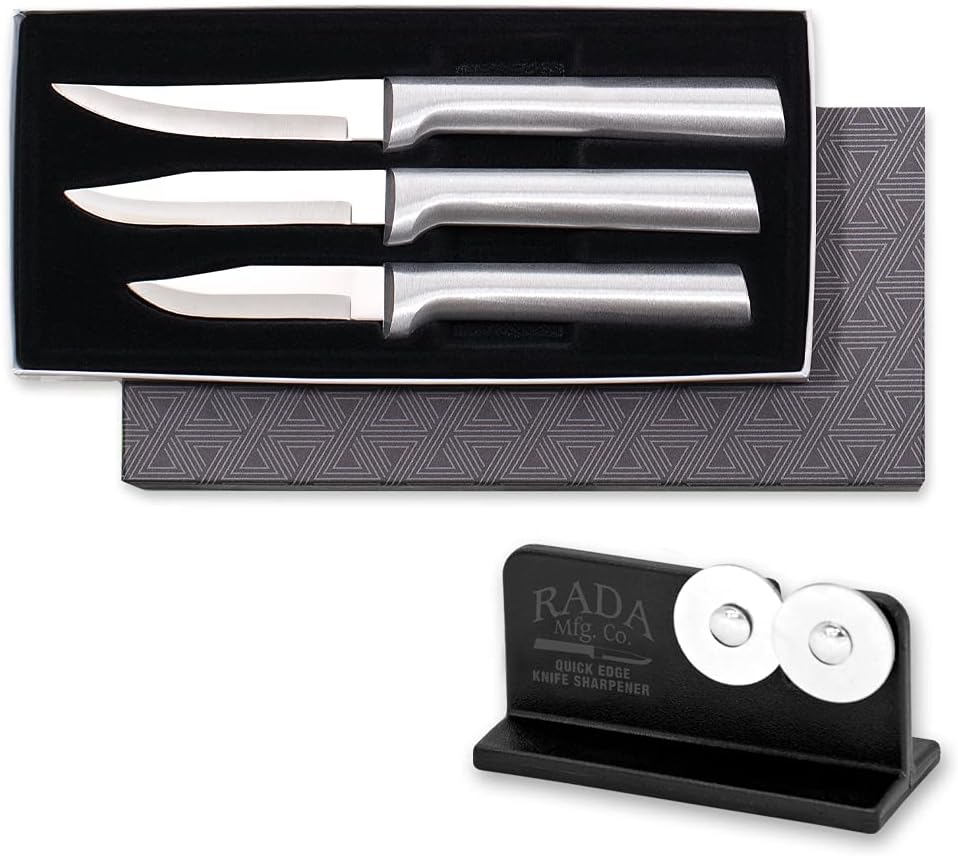 Rada Cutlery Paring Knife Galore Gift Set (S01) with Quick Edge Sharpener (R119), 3-Piece Knife Set and Knife Sharpener, Stainless Steel Blades, Silver Handle