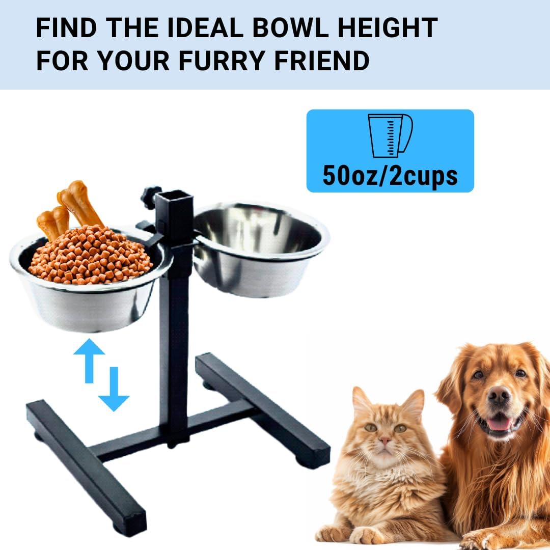 Adjustable Elevated Dog Bowls with Stand, Stainless Steel, 2 Bowls, Rubber Feet (50oz)