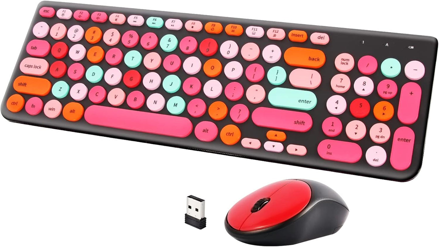 Wireless Keyboard and Mouse Combo, Retro Typewriter Keyboard with Round Keycaps, 2.4GHz USB Cute Wireless Keyboard Mouse for Computer, Desktop, Laptop and Computer (Black-Colorful)