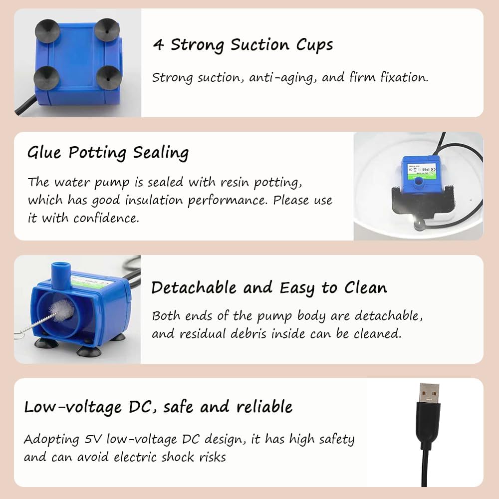 Cat Water Fountain Pump,DR-DC 160 Submersible Water Pump Equipped with Led Indicator Light and Automatically Cuts Off Power in Case of Waters Shortage
