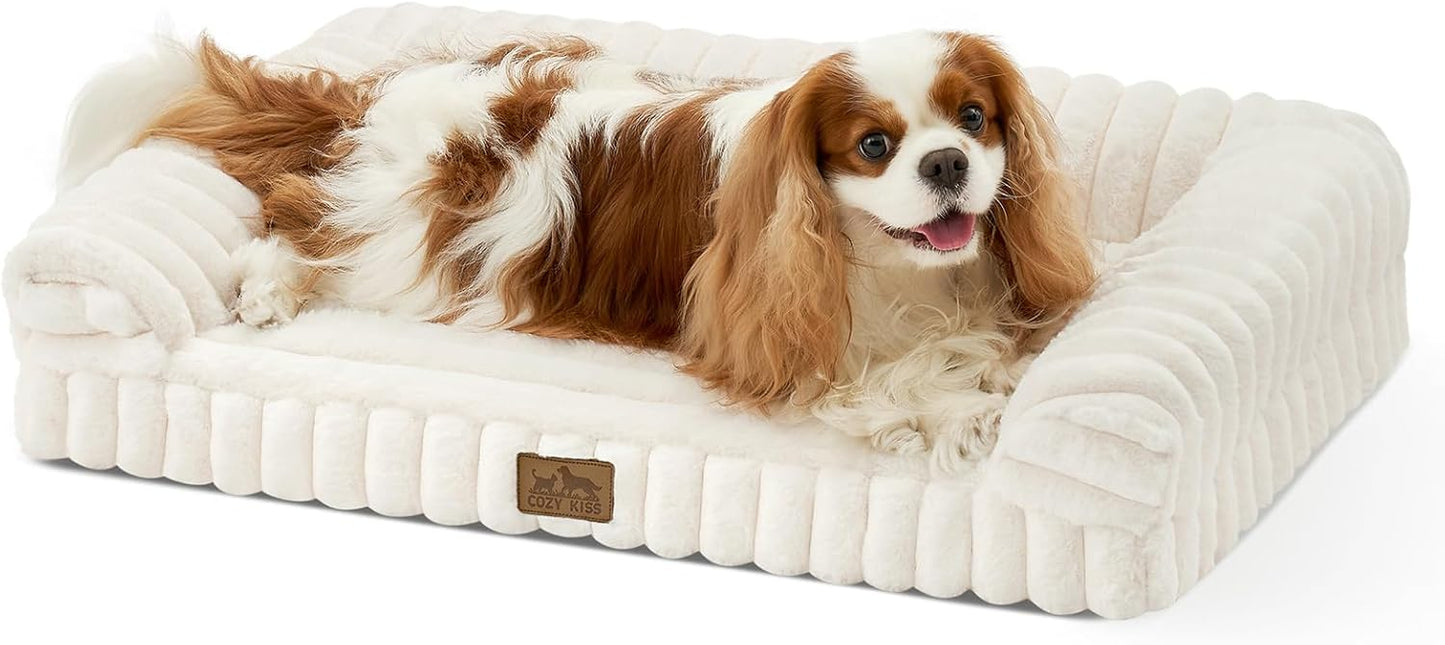 Small Dog Bed, Faux Rabbit Fur Orthopedic Foam Dog Bed with Sides, Removable Washable Cover & Waterproof Lining, Comfortable Pet Couch, Cream (30" L x 20" W x 6" Th)