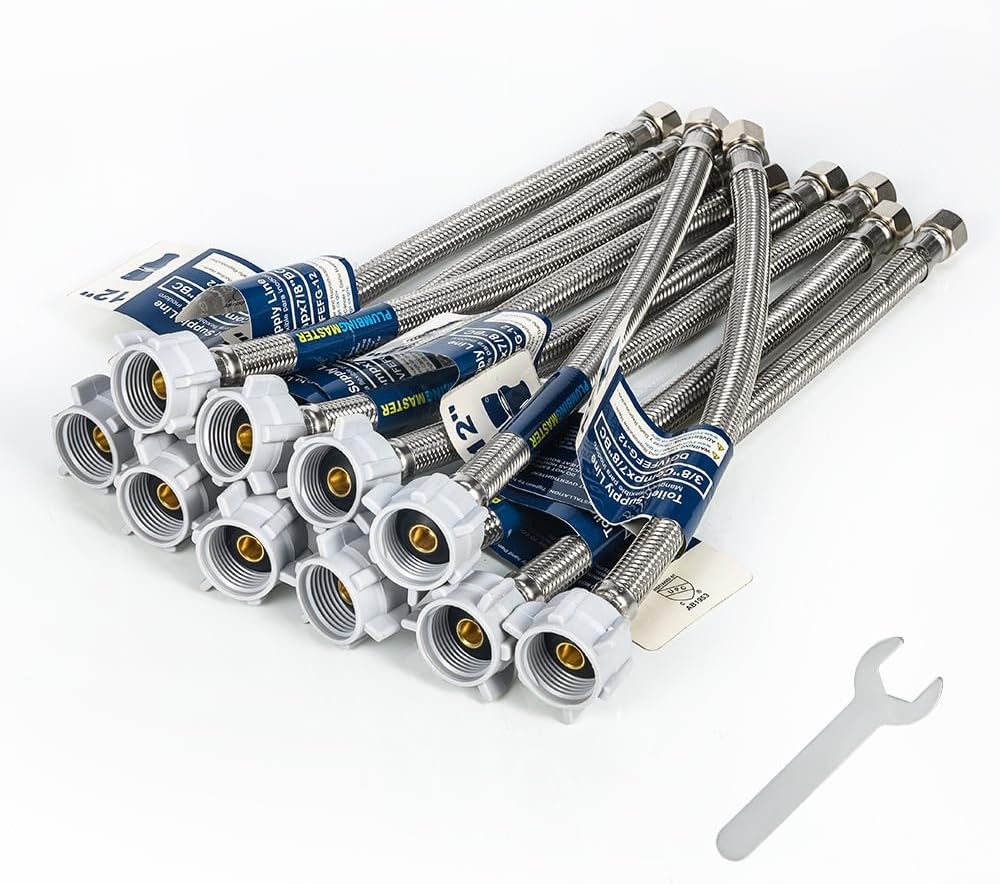 (10pcs 12 inch) PLUMBINGMASTER Toilet Water Supply Line,3/8" Comp x 7/8" BC Braided Stainless Steel Toilet Supply Line,Toilet Connector Hose with Anti-Leaking Brass Nut