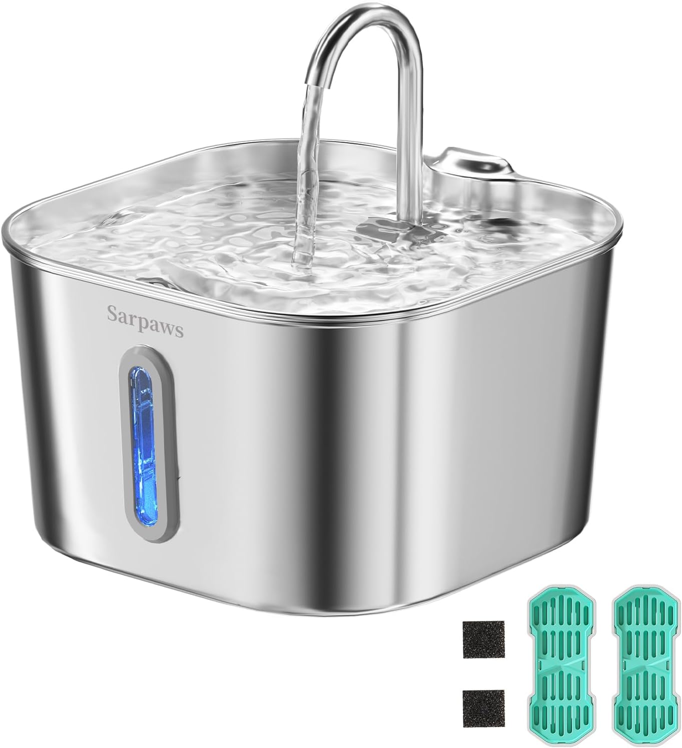Cat Water Fountain Stainless Steel, 2.2L/74oz Pet Water Fountain for Cats Indoor, Ultra Quiet Cat Fountain for Cats and Small Animals, Cat Fountain for Drinking with 2 Filters & 2 Sponges
