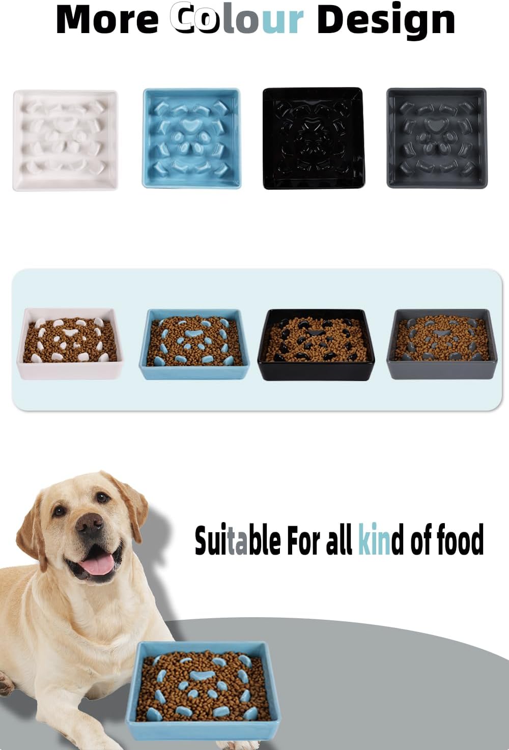 Square Slow Feeder Dog Bowls, Ceramic Fun Slow Eater Bowl for Small Medium Breed (Turquoise)