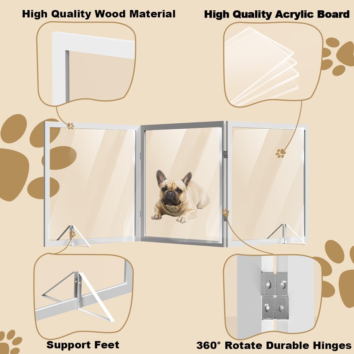 Extra Wide Clear Dog Gate 31" Tall Clear Acrylic Freestanding Dog gate Transparent Pet Gate for Doorways Stairs 3 Panel(55"-70" W)