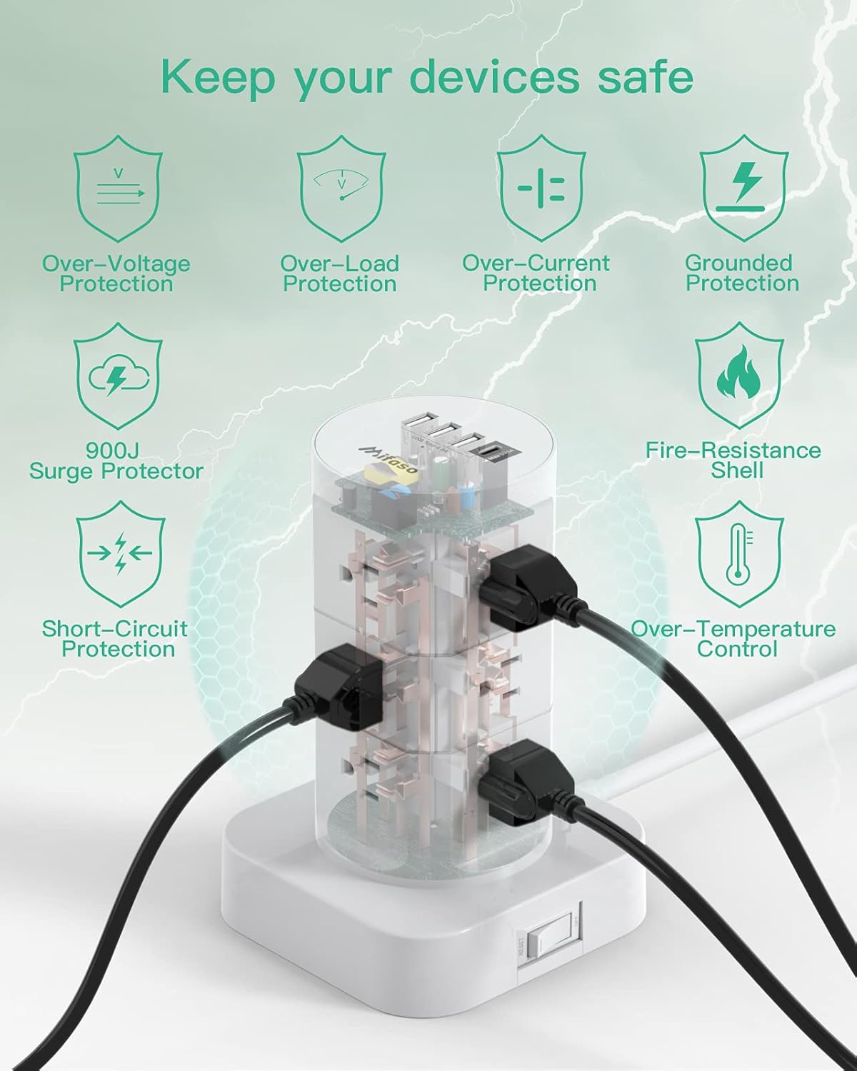 Tower Surge Protector Power Strip with 12 Outlets 4 USB (1 USB C), Mifaso Extension Cord with Multiple Outlets, 1800J Protection, Office Desk Supplies, Dorm Essentials