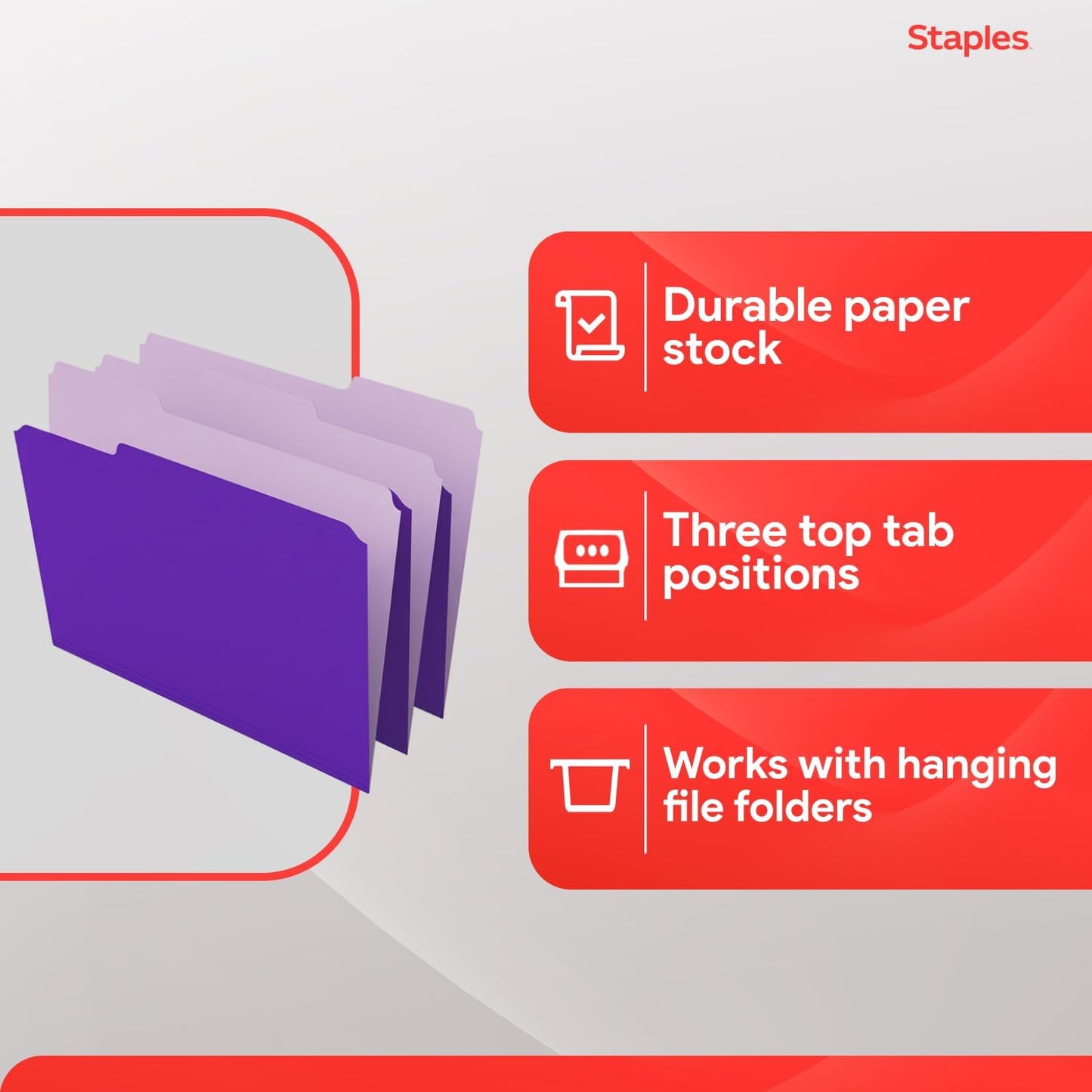 Staples File Folders, Letter Size, 1/3‑Cut Tabs, Purple, Durable 10.5‑Point Paper Stock, 100/Pack