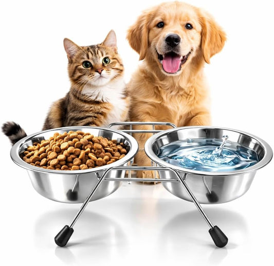 Pet Bowls for Dogs and Cats, with 2 Bowls, Iron Stand Base, Double Bowl Stand, Two Steel Removable (7oz)