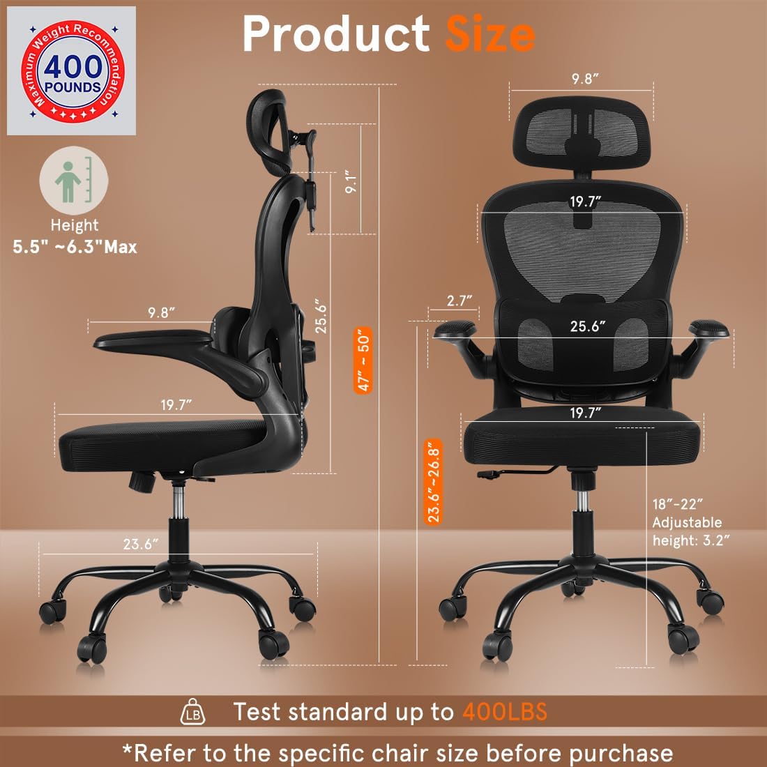 Ergonomic Office Chair, 400 LBS Office Chair Computer Rolling Comfortable Gaming Mesh Office Chair with Adjustable Lumbar Support High Back Desk Chair for Home Work (Higher)