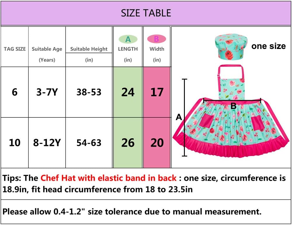 MHJY Kids Apron Hat Set for Girls Vintage Pleated Skirt Aprons with Adjustable Strap Pockets for Baking Cooking 8-12 Years