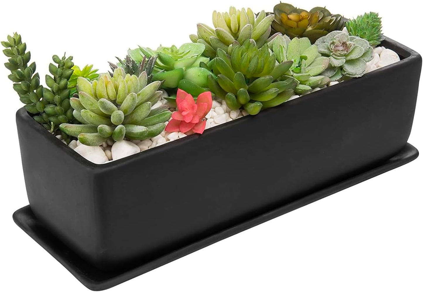 MyGift 14 Inch Ceramic Indoor Plant Pot, Rectangular Succulent Planter, Decorative Flower Planter with Drainage Hole and Removable Tray, Matte Black