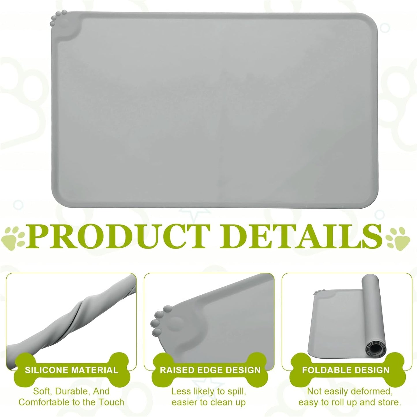 Cat Food Mat, 19x12 Inch Silicone Pet Feeding Mat Non-Slip Paw Print Style Waterproof Dog Water Bowl Tray Raised Edge Protects Floors (Gray), Intended for Pets Bowl/Fountain