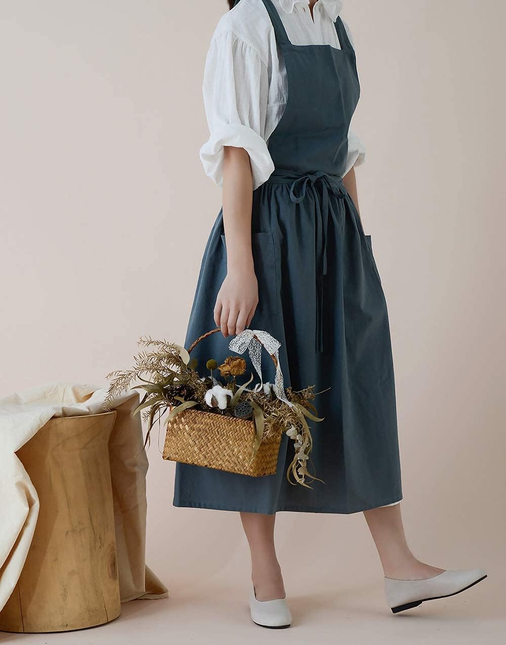Cotton Pleated Apron Retro Waterdrop Proof Garden Cleaning Pinafore Dress