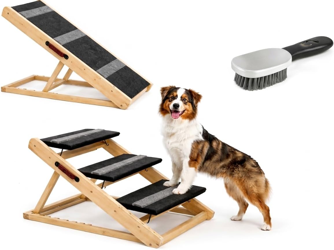 3 Steps Wood Pet Stairs & Ramp for Small and Medium Dogs and Cats, Portable Ramp Pets 2-in-1 Foldable, Non-Slip Pet Ladder for Tall Beds, Sofa, Cars, Holds Up to 220 lbs (3 Steps)