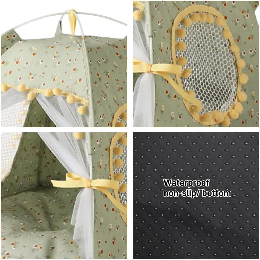 Cat Bed Tents Dog House Indoor Outdoor Lace Mesh Breathable Windows Door Curtains Removable Portable Nest Teepe House (Large,Green&Yellow)