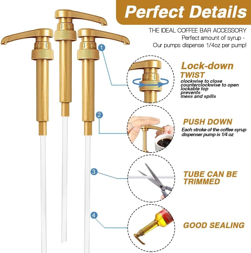 10 Pcs Gold Coffee Syrup Pump, Compatible with 25.4 Oz/750ml Bottles, Syrup Dispenser Pumps Great for Home & Coffee Bar Drinking Mixes, Tea, Beverage, Cocktails