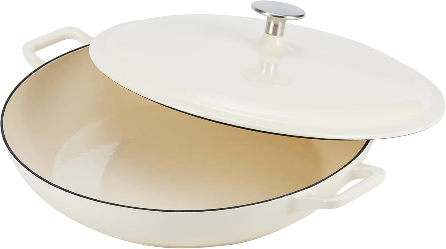 Amazon Basics Enameled Cast Iron - Covered Round Casserole Skillet with Lid, Oven Safe - 500°F, Even Heat Distribution, 3.3-Quart, White