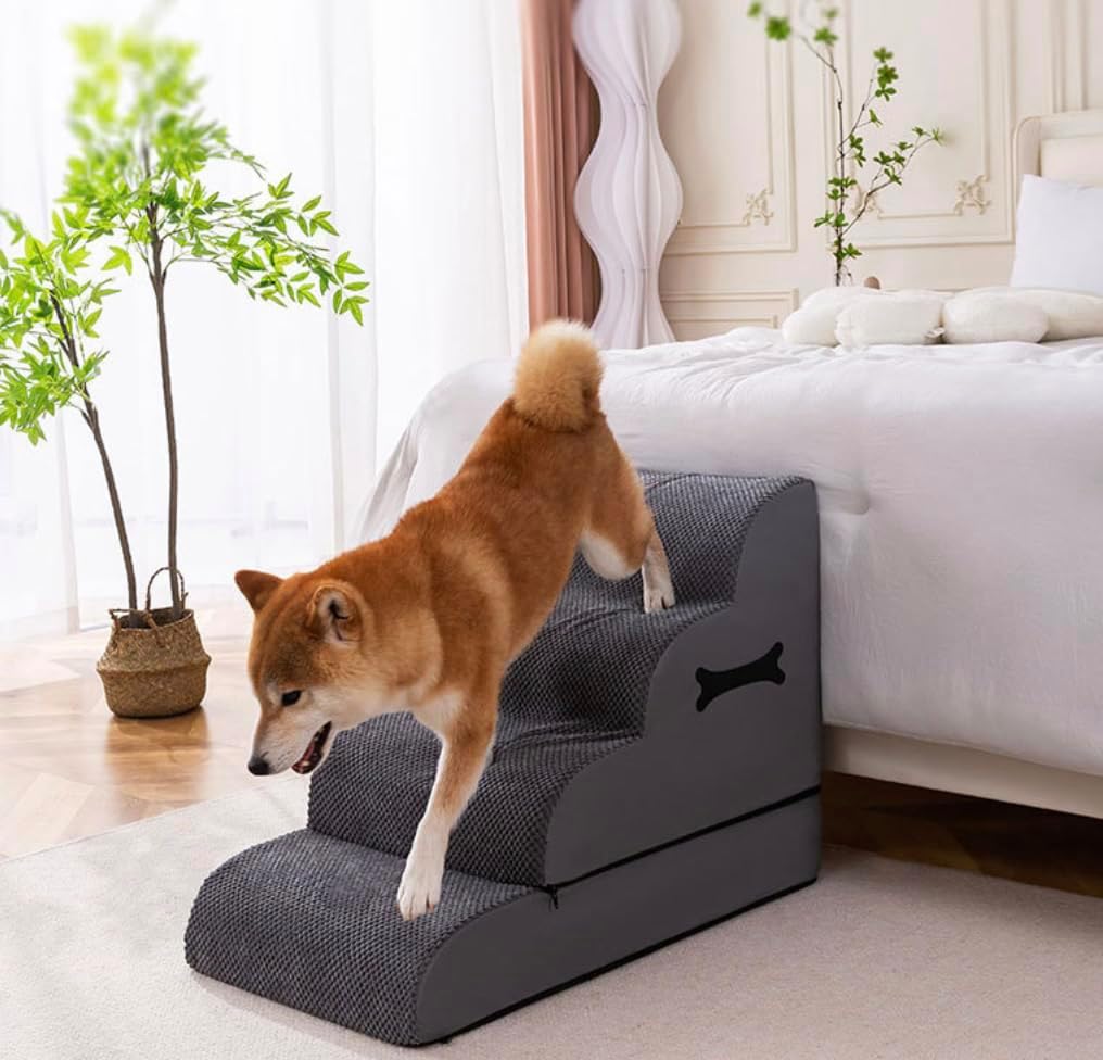4-Step Grey Dog Stairs with High-Density Foam, Convertible 3–4 Tier Pet Ramp for Bed & Sofa, Non-Slip Base, Curved Anti-Slip Steps, Washable Cover, Indoor Ladder for Small Dogs, Cats & Injured Pets