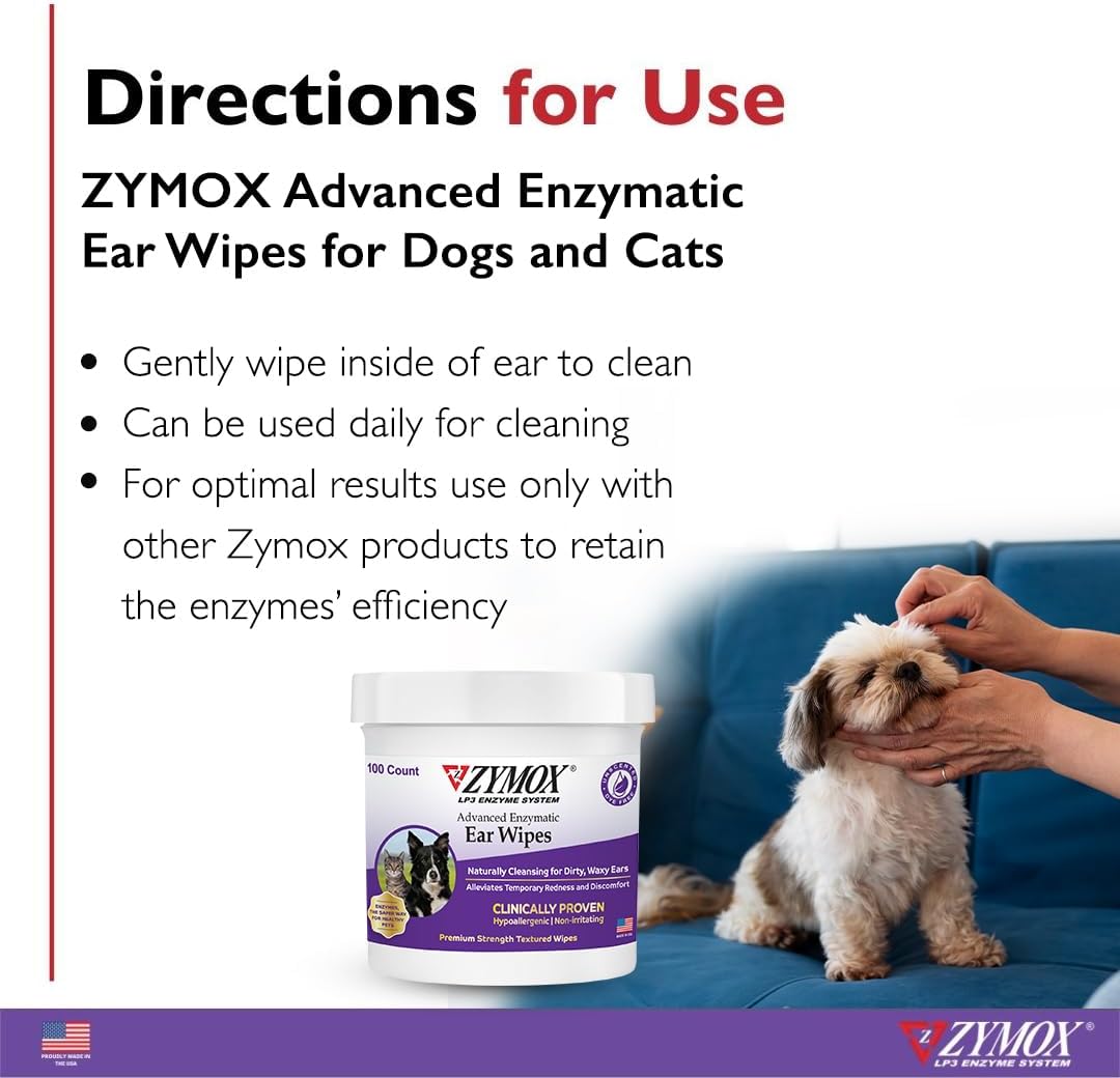 Zymox Enzymatic Ear Wipes and Otic Plus Advanced Hydrocortisone Free Ear Solution for Dogs and Cats - Product Bundle - for Dirty, Waxy, Smelly Ears and to Soothe Ear Infections