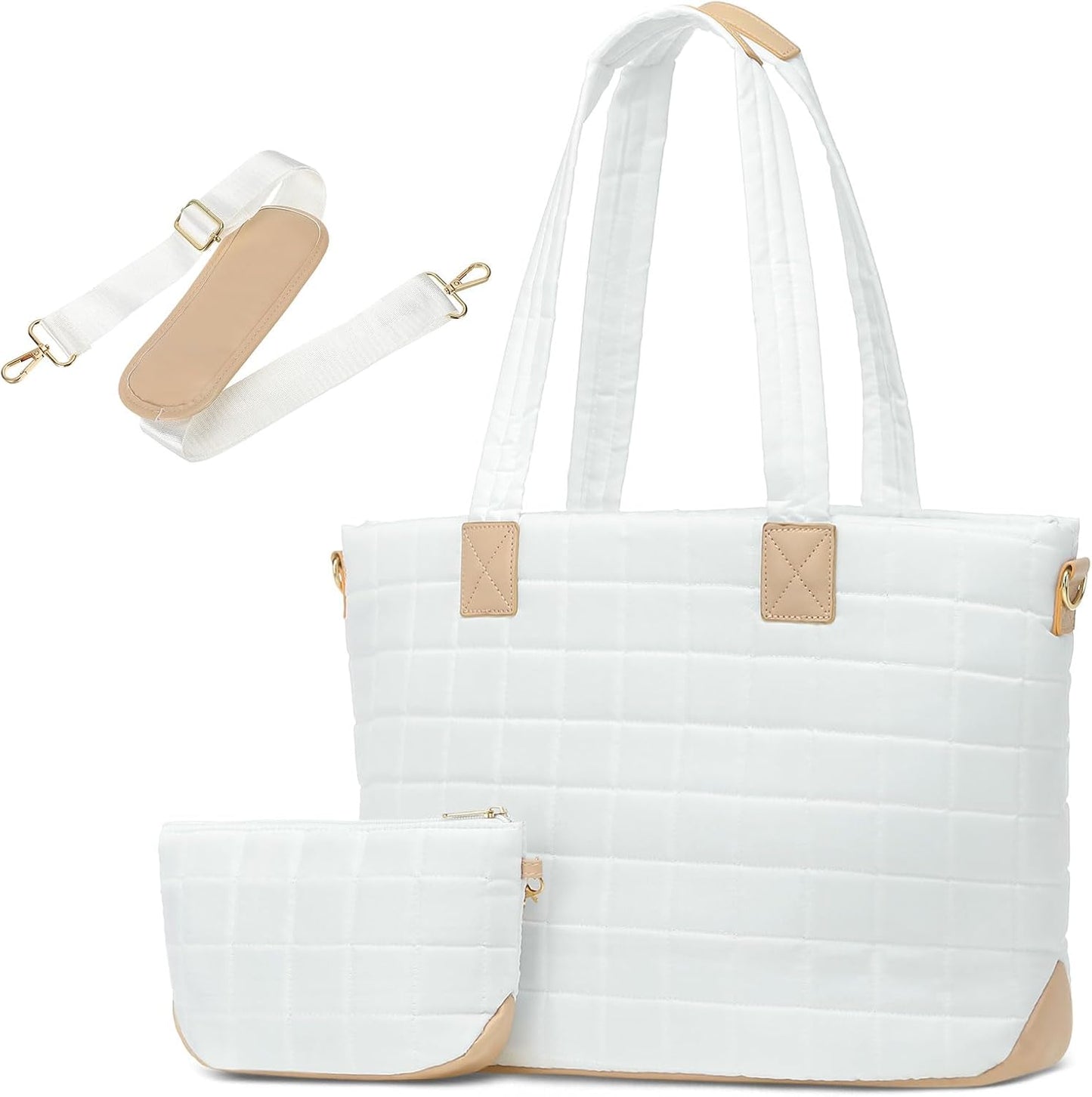 Large Travel Tote Bag for Women, Quilted Puffy Tote Bag with Detachable Shoulder Strap, Laptop Work Bag W/Handbag