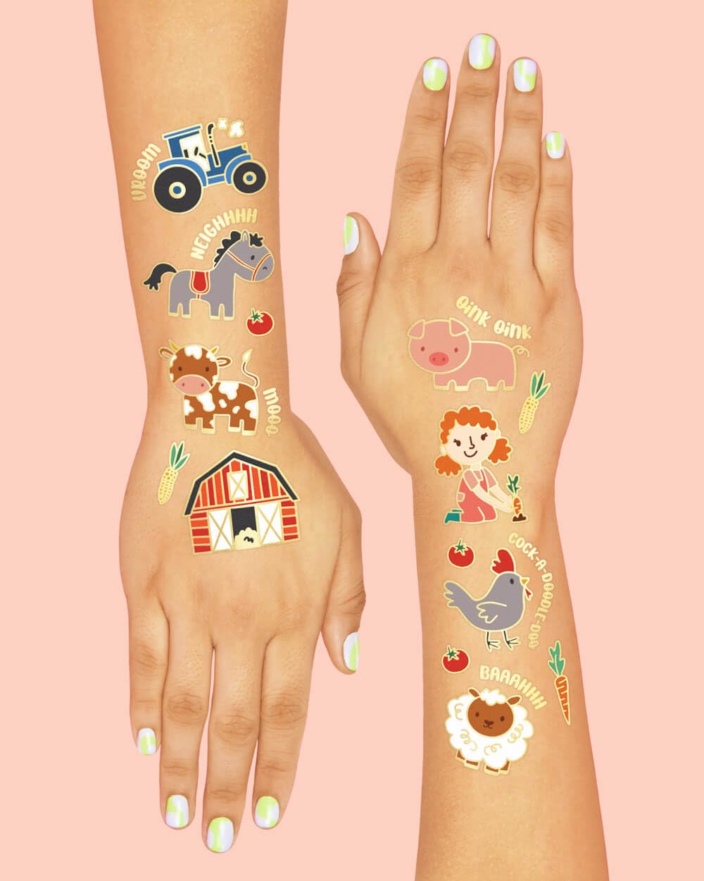 xo, Fetti Farm Party Supplies Temporary Tattoos - 30 Glitter Styles | Barnyard Animals, Petting Zoo, Cow, Horse, Tractor Trailer, Sheep