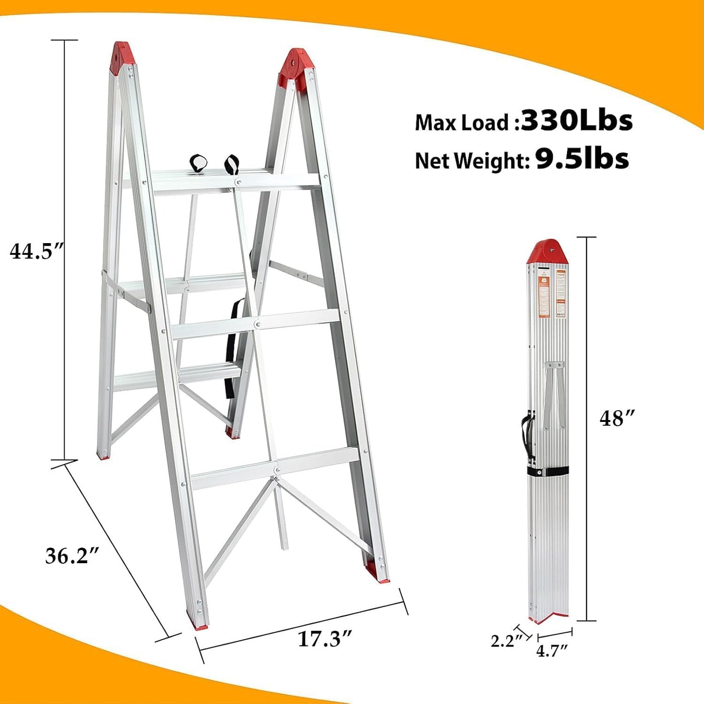 LEADALLWAY Step Ladder 3 Step Folding Compact Ladder Portable Aluminum A Frame Foldable Twin Front Step Stool, EN131 Certified, 330lb Capacity
