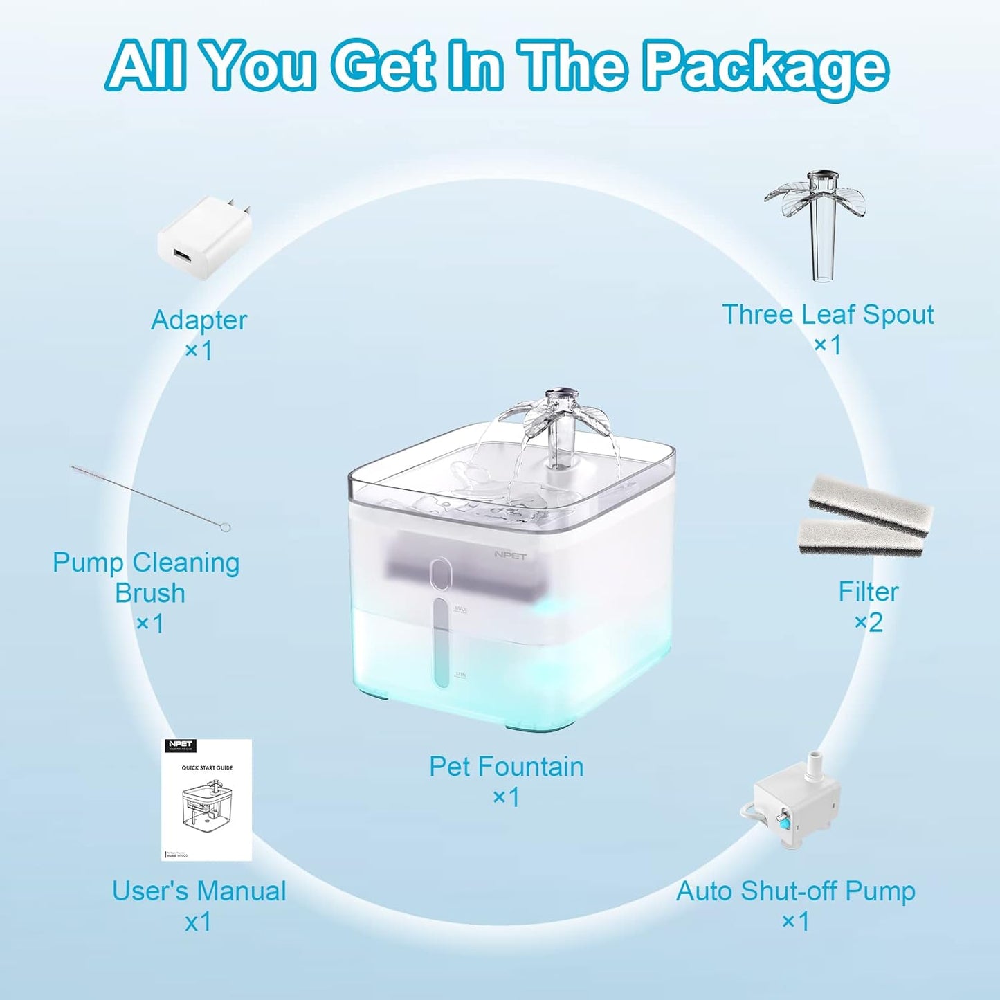NPET Cat Water Fountain, 3L Automatic Pet Drinking Fountain Dog Water Dispenser with Quadruple-Action Filter (Semi-White, with an Adapter)