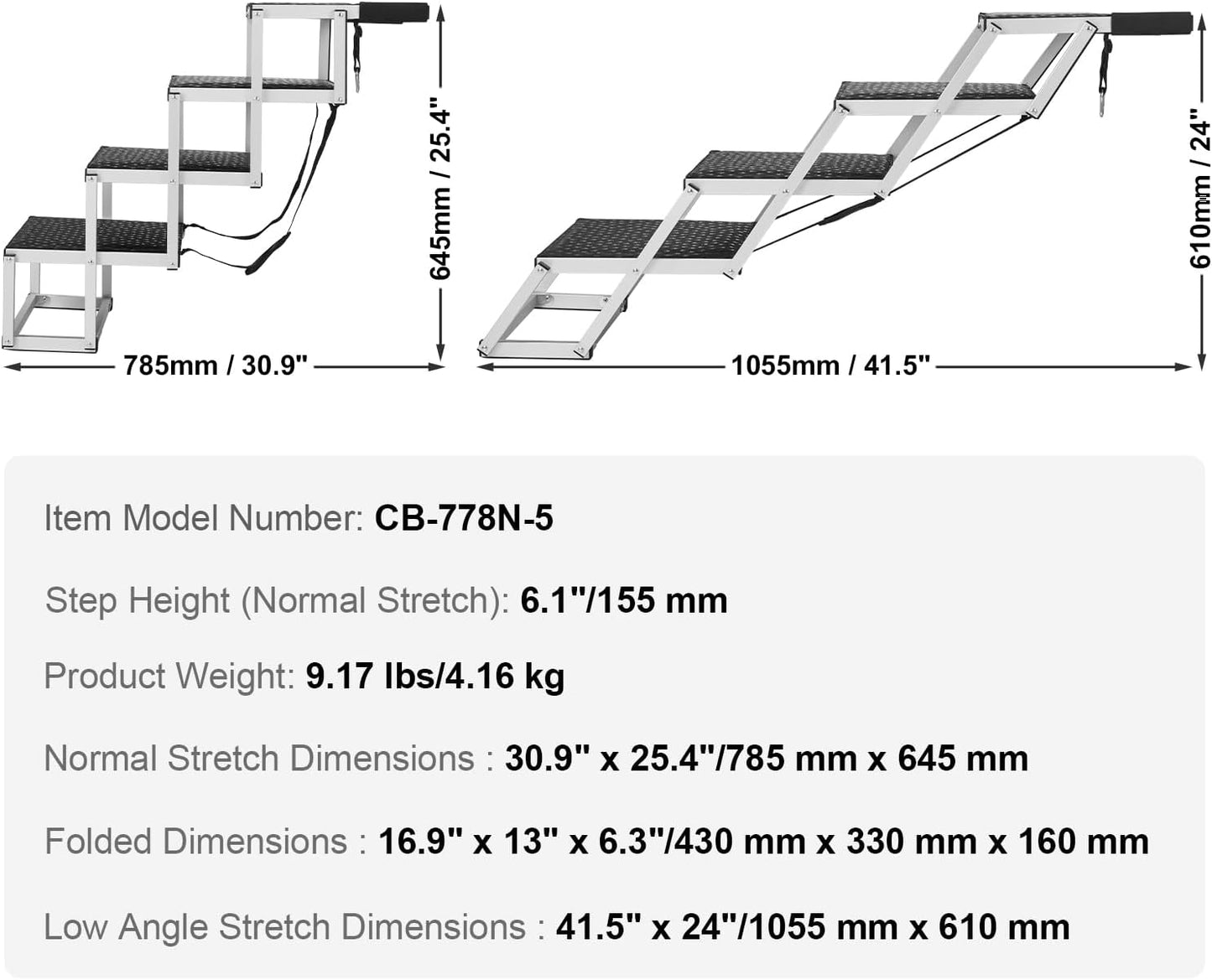 VEVOR 4-Step Dog Car Steps, Folding Dog Ramp with Nonslip Surface, Portable Pet Steps in Aluminum for Car, SUV and Truck, Supports up to 250 lbs