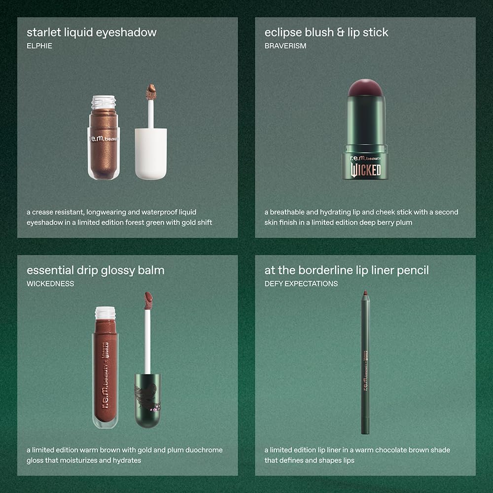 r.e.m. beauty Wicked: For Good | Makeup Set | Waterpoof Eye Shadow, All Over Glow Stick, Creamy Lip Liner, Glossy Lip Balm | 4 Full Size Products