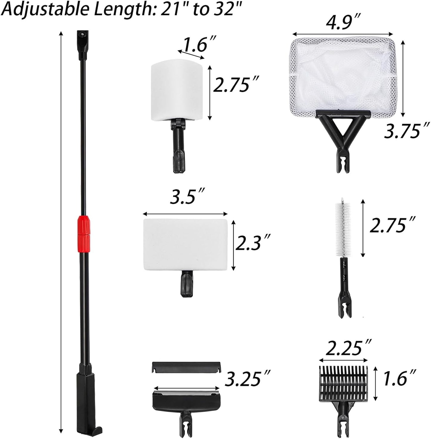TOPZEA 6 in 1 Aquarium Cleaning Tool Kit, Fish Tank Cleaner Set with Adjustable Telescopic Long Handle (21-32 Inch) Include Algae Scraper, Scrubber Pads, Fish Net, Tube Cleaning Brush, Gravel Rake