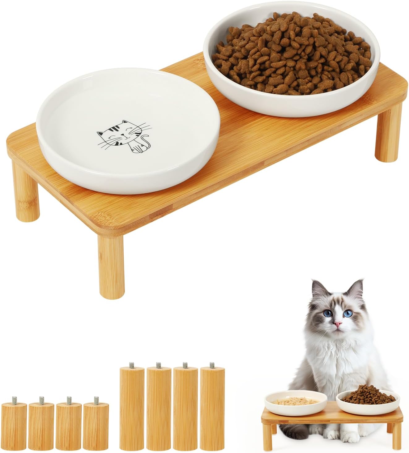 Elevated Cat Bowls for Indoor Cats – Raised Bamboo Cat Food Table with 2 Ceramic Dishes, Adjustable Height (4.25"/3.07"), Whisker Friendly Feeding Station
