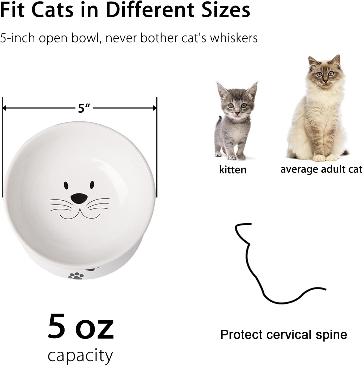 Cat Food Bowls, 10 OZ Elevated Cat Bowls for Cats and Small Dogs, Tilted Pet Feeder Bowl with Raised Stand Protect Cat's Spine, Ceramic Cat Water Bowl No-Spill, Stress Free Cat Dish 2pcs