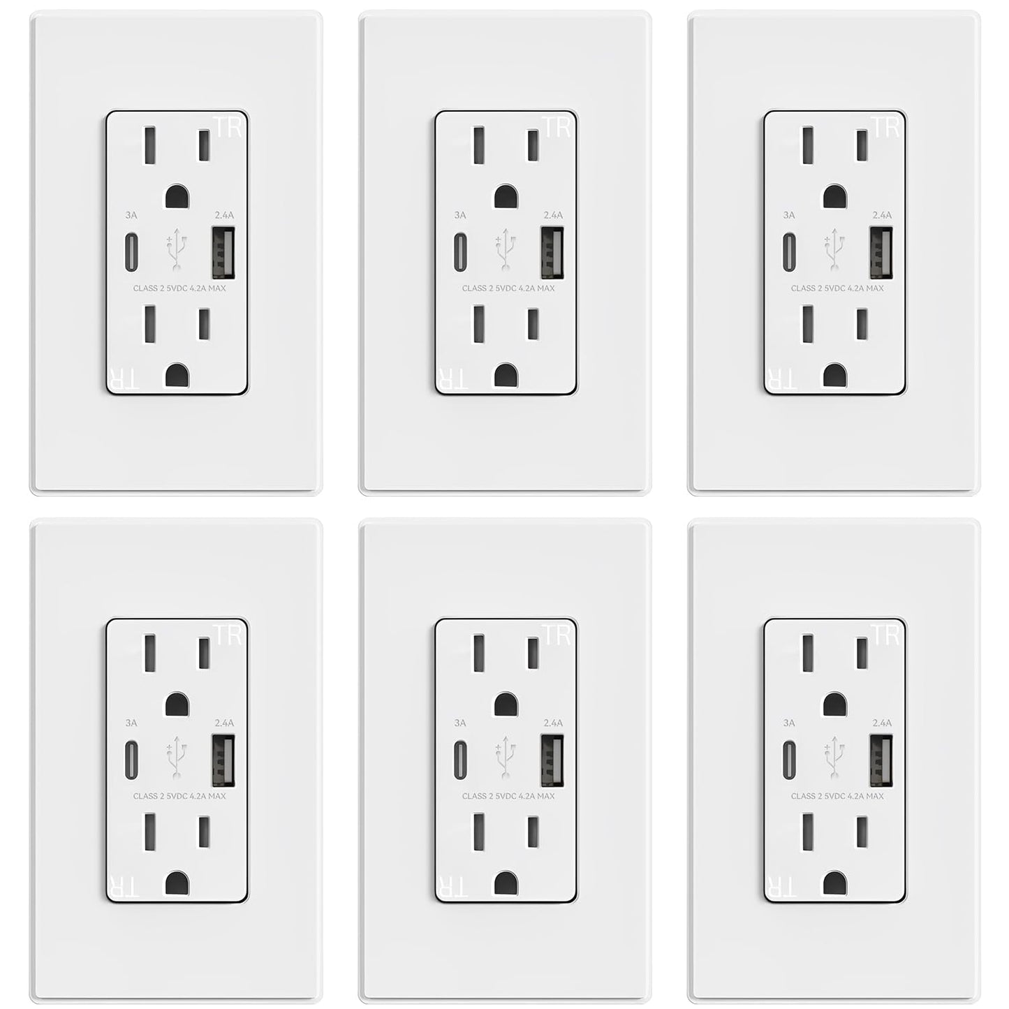 ELEGRP USB Outlets, 15 Amp Wall Outlet with USB Ports, 21W USB Outlets Receptacles with Type A & Type C Ports, Tamper Resistant Receptacle, Wall Plate Included, Ul Listed (6 Pack, Matte White)