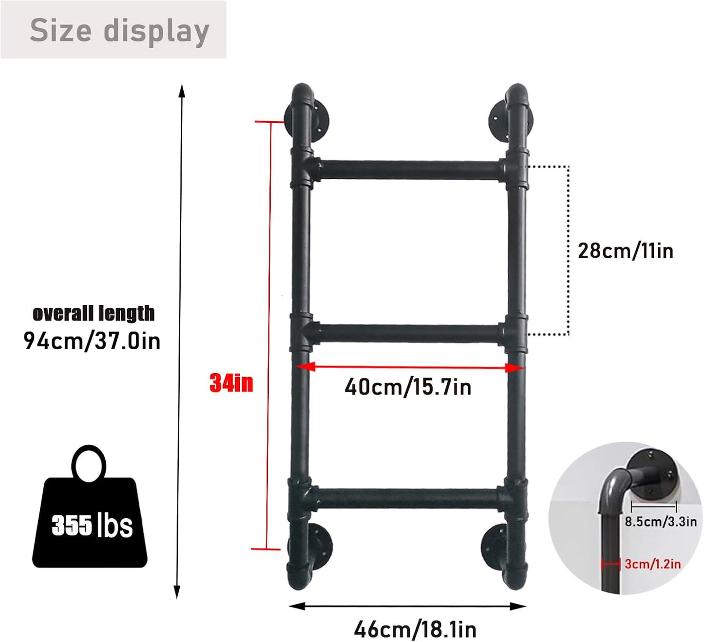 3 Steps Basement Window Well Egress Exit Ladder，Wall/Floor-Mounted Ladders for Home, Metal Step Ladder for RV Attic Bunk Bed, Loft Steps for Dorm Beds,355LBS Load Capacity(Black, 3 Steps)