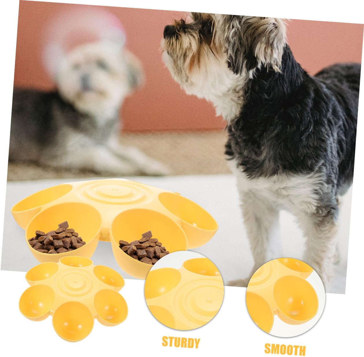 Milisten 2pcs Flower Petal Shaped Pet Feeder Bowls, 6-Compartment Plastic Food and Water Dishes, Non-Skid Reusable Indoor Cat and Dog Feeding Supplies, Portable Yellow Bowls for Multi-pet