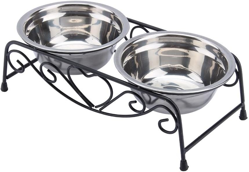 Elevated Pet Bowls, Stainless Steel Cat Dog Double Dog and Cat Water Food Feeder Retro Stand Dish Bowls Stand for Dogs Cats Puppy(Size: 10.2 x 5.5 x 3.3inch)