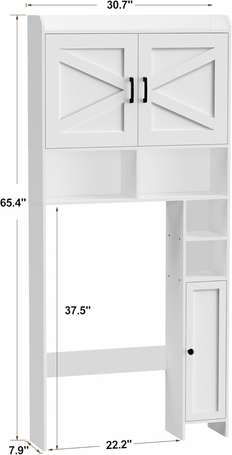 Homhedy Over The Toilet Storage Cabinet with 2 Barn Door and Toilet Paper Holder Stand, FreeStanding Toilet Shelf Space Saver, for Bathroom, Restroom, Laundry, White