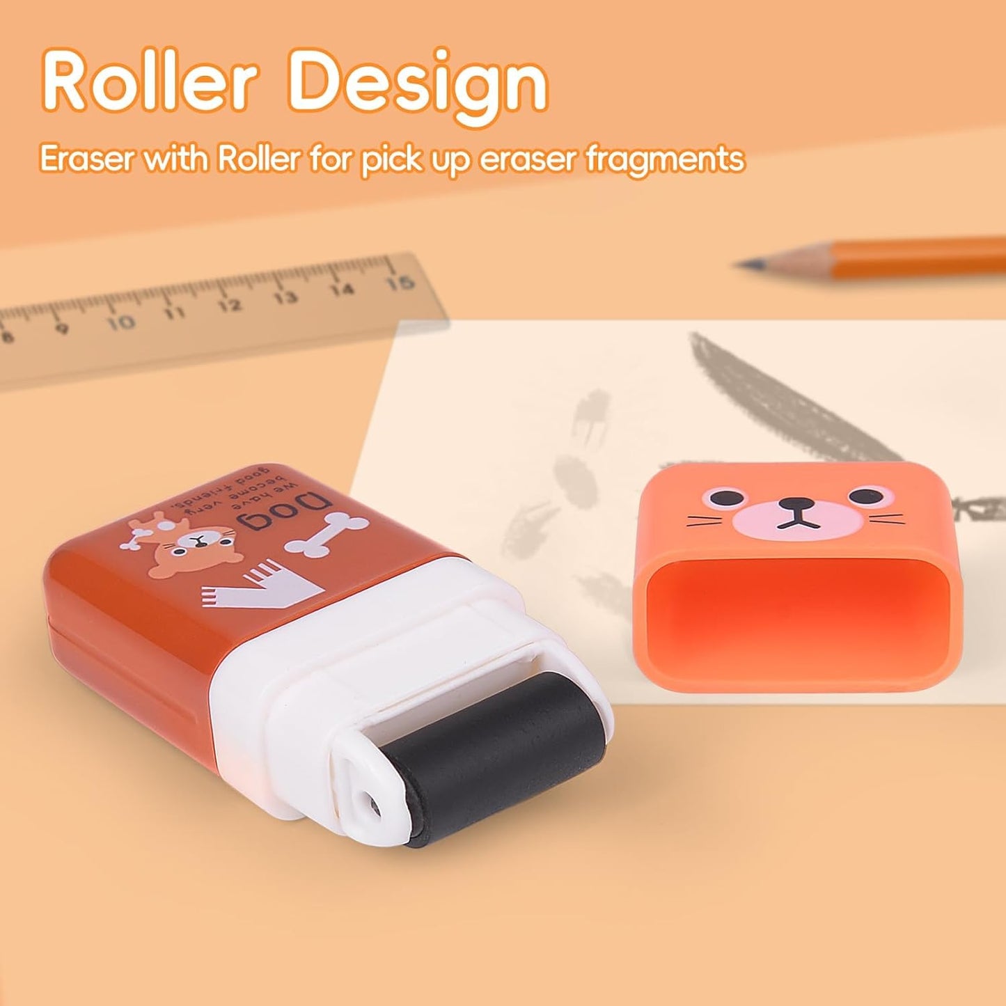 12Pack of Pencil Erasers,Pencil Eraser Shaving Roller Case for Easy Pick Up and Removal | Animal Themed Cute and Fun Party Favor and School Supplies for Kids,Back to School Gift