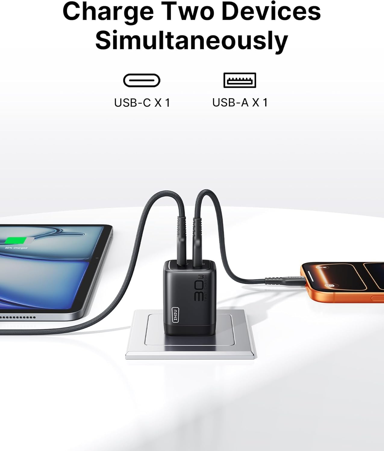 INIU for iPhone 17 Charger, 30W 2-Port Type C Charger Fast Charging, Foldable USB C Charger Block with USBC Cable for iPhone 17 16 15 Pro Max, MacBook Air 13 M4 iPad 13 11, Samsung S25 S24, Goodle etc