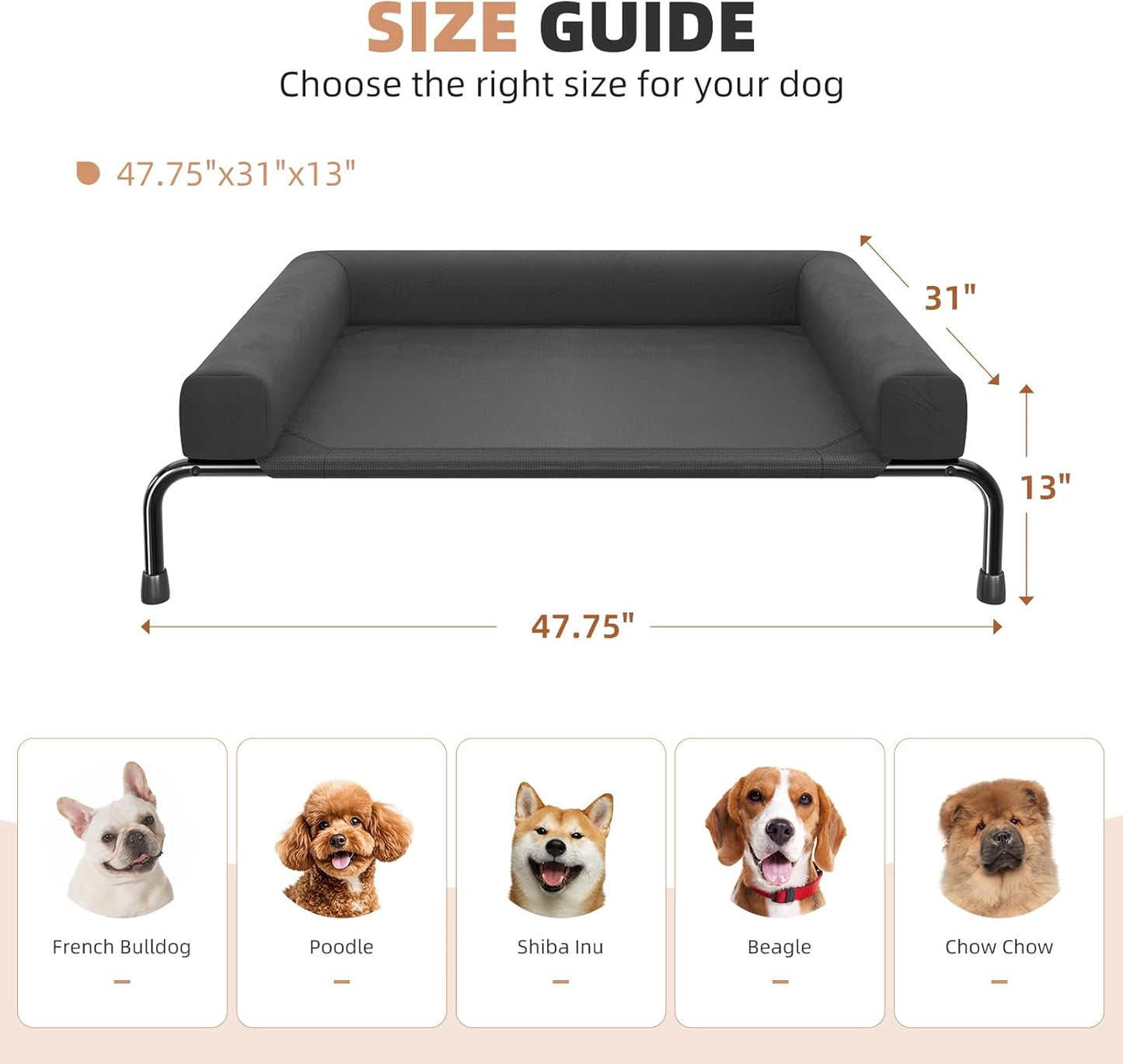 Cooling Elevated Dog Bed for Large Dogs, Raised Dog Bed with Breathable Mesh, Outdoor Indoor Removable and Waterproof Pet Cot, Black